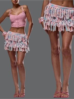 Fringed Mini Skirt in Pastel Pink and Blue